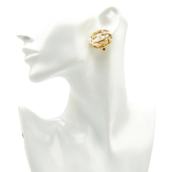 CHANEL CC Logos Rhinestone Round Twist Clip-On Earrings Gold Tone 23 Auth w/Box - Picture 3 of 6